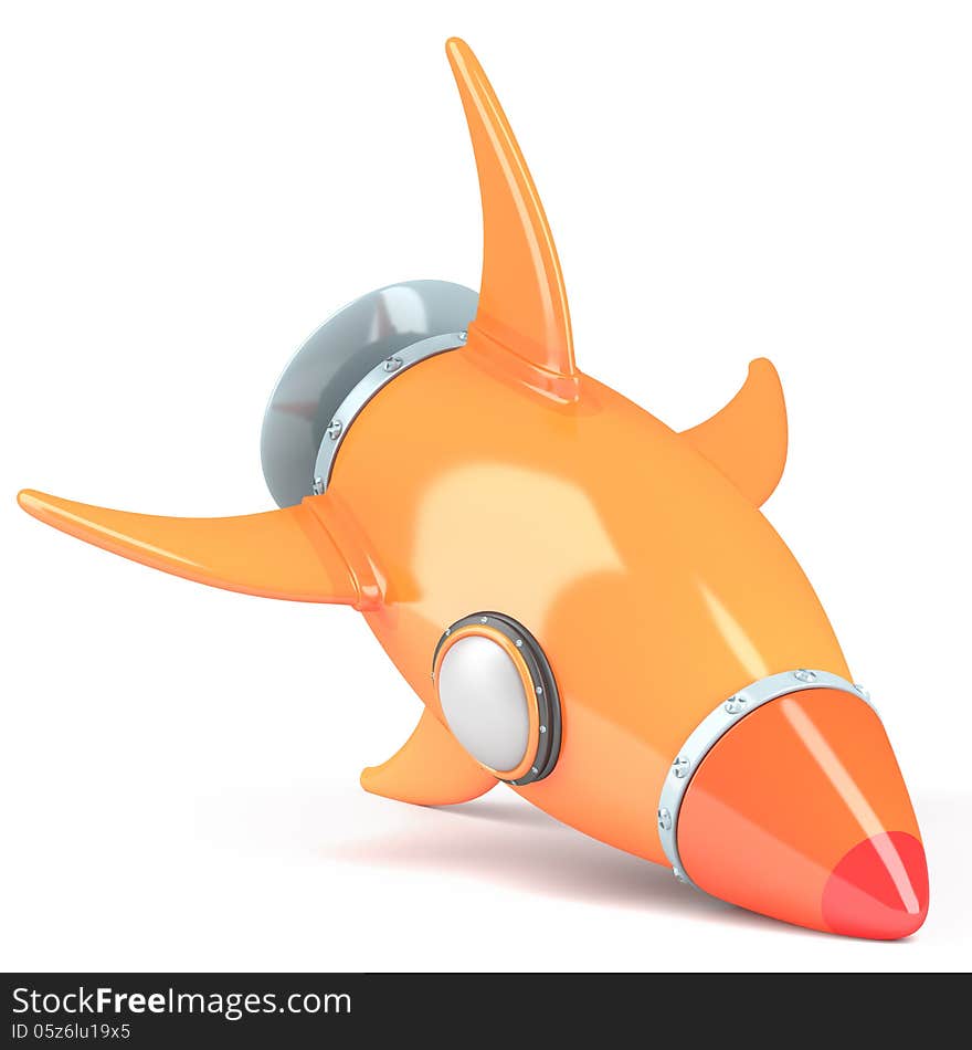 Orange cartoon-styled rocket isolated on white background. 3d illustration