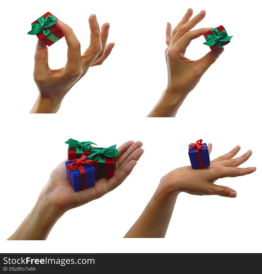 Set of hands with small red and blue gifts isolated. Set of hands with small red and blue gifts isolated