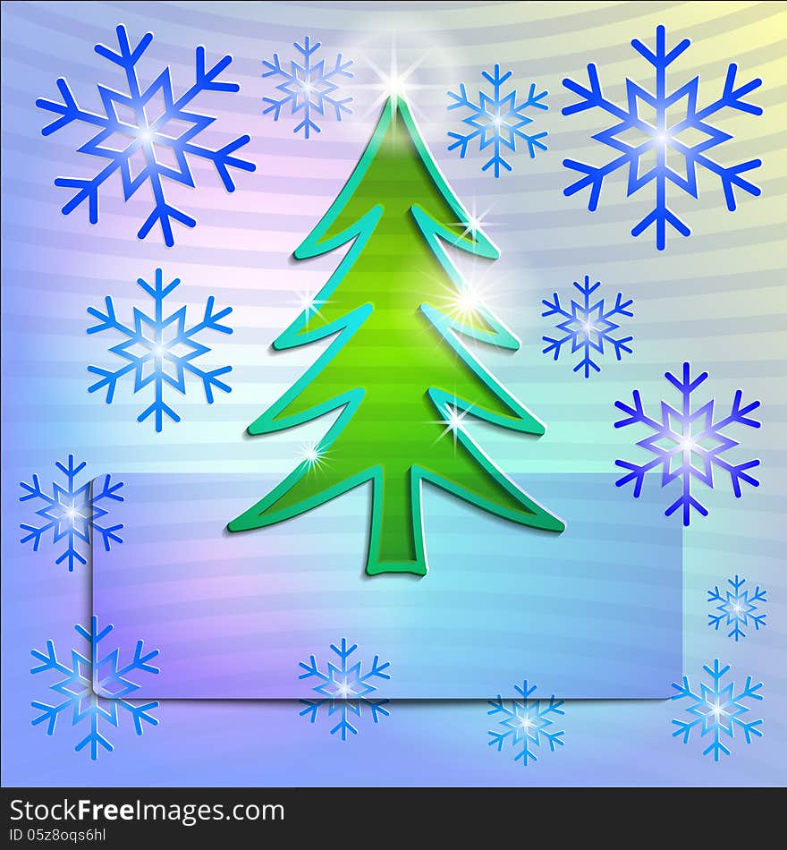 Christmas And New Year Vector Paper Card With SnowFlakes and Christmas Tree. Christmas And New Year Vector Paper Card With SnowFlakes and Christmas Tree