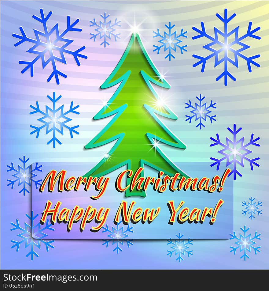 Christmas And New Year Vector Paper Card With SnowFlakes and Christmas Tree. Christmas And New Year Vector Paper Card With SnowFlakes and Christmas Tree