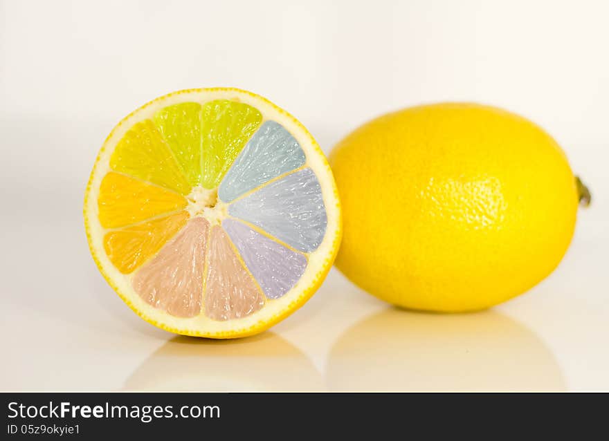 Rainbow on a lemon, isolated lemon