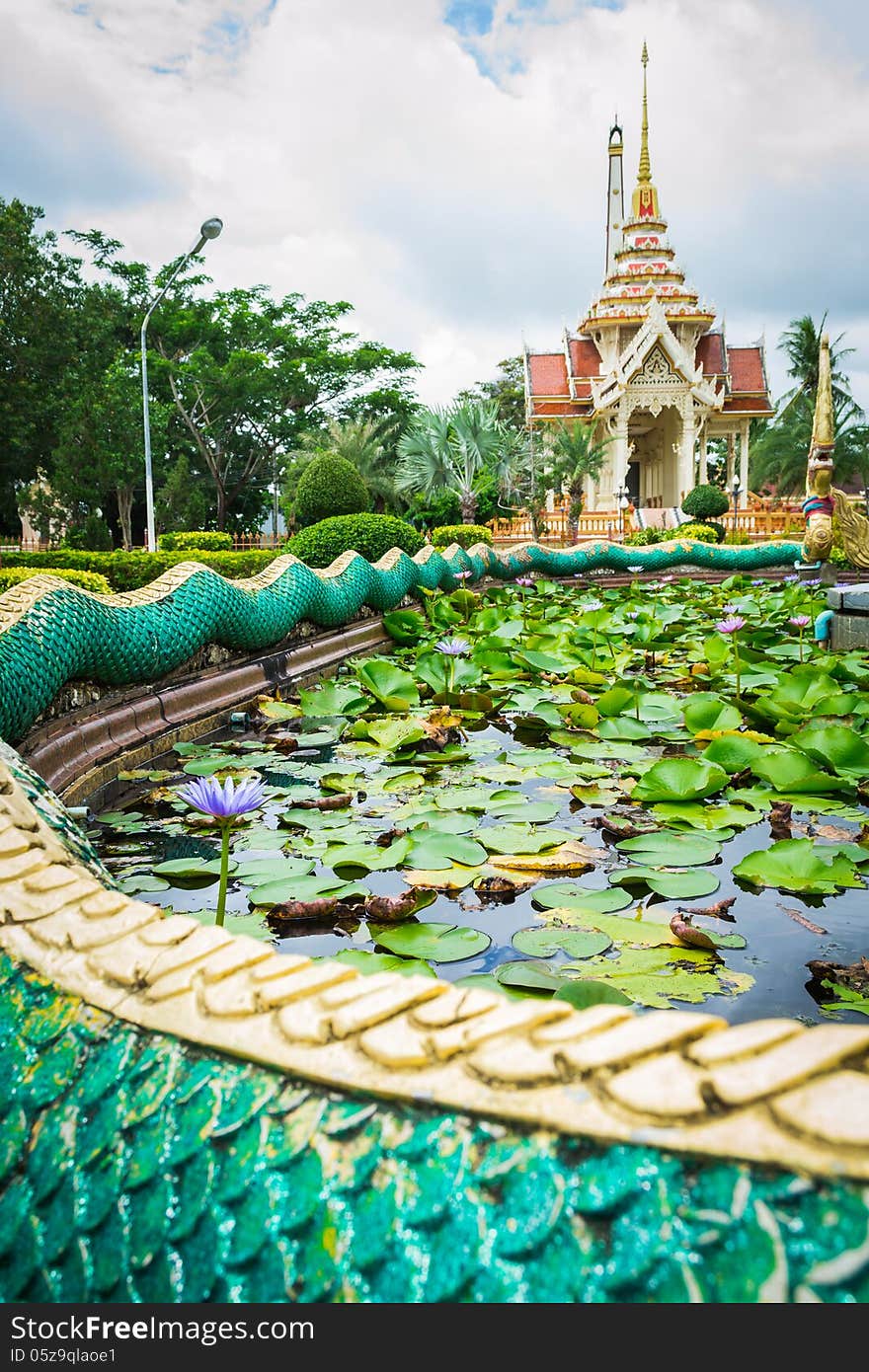 Pond of lotus in front of crematorium at chalong temple