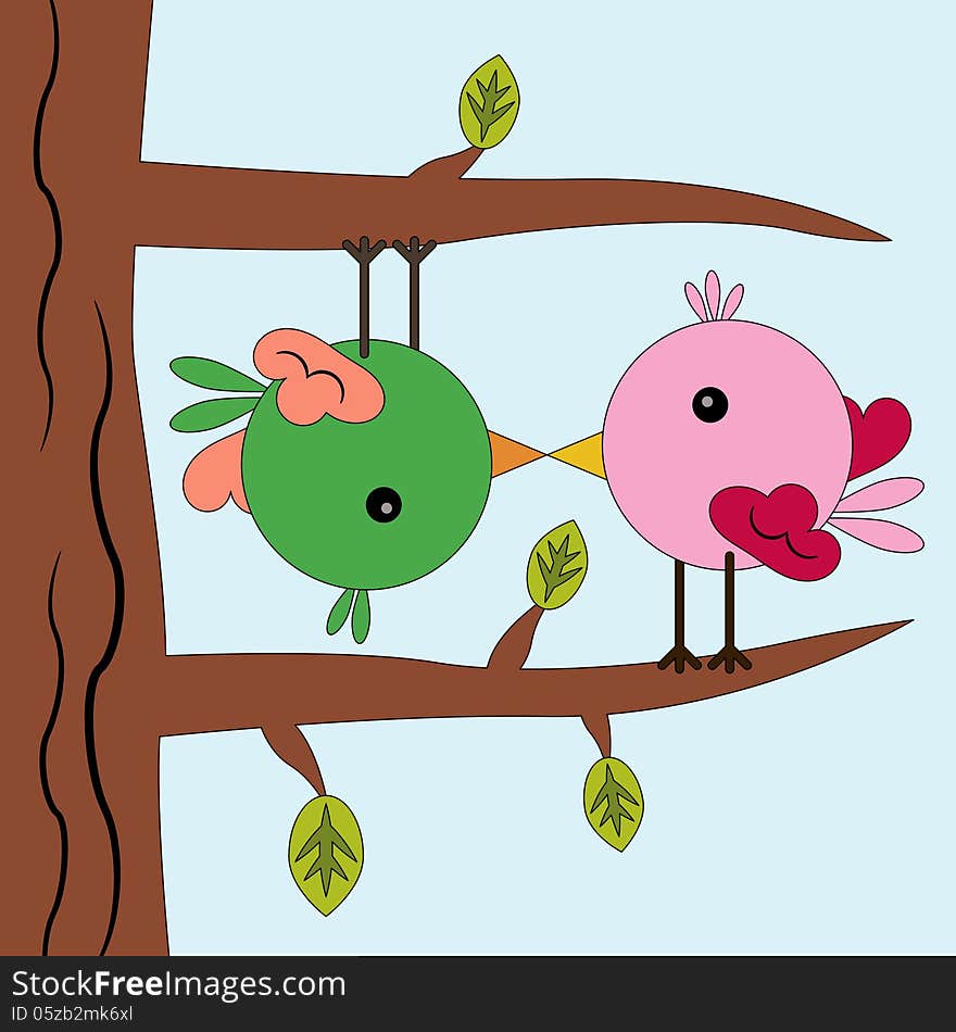 Illustration of birds kissing on a tree. Illustration of birds kissing on a tree