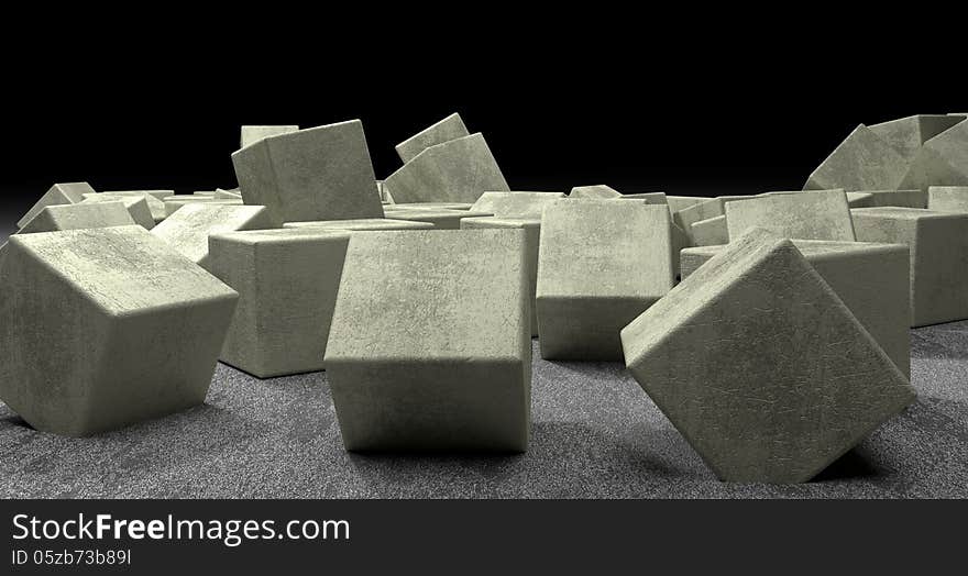 There are many chaotic placed cubes from light concrete. There are many chaotic placed cubes from light concrete