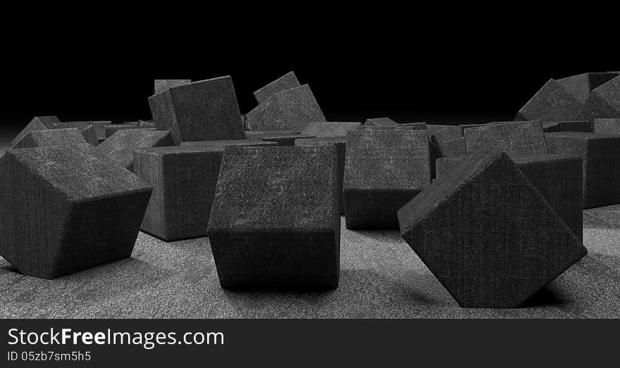 There are many chaotic placed cubes from dark concrete