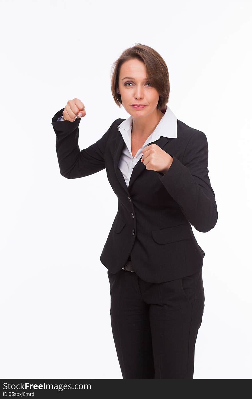 Business woman ready for competition and fight isolated on white