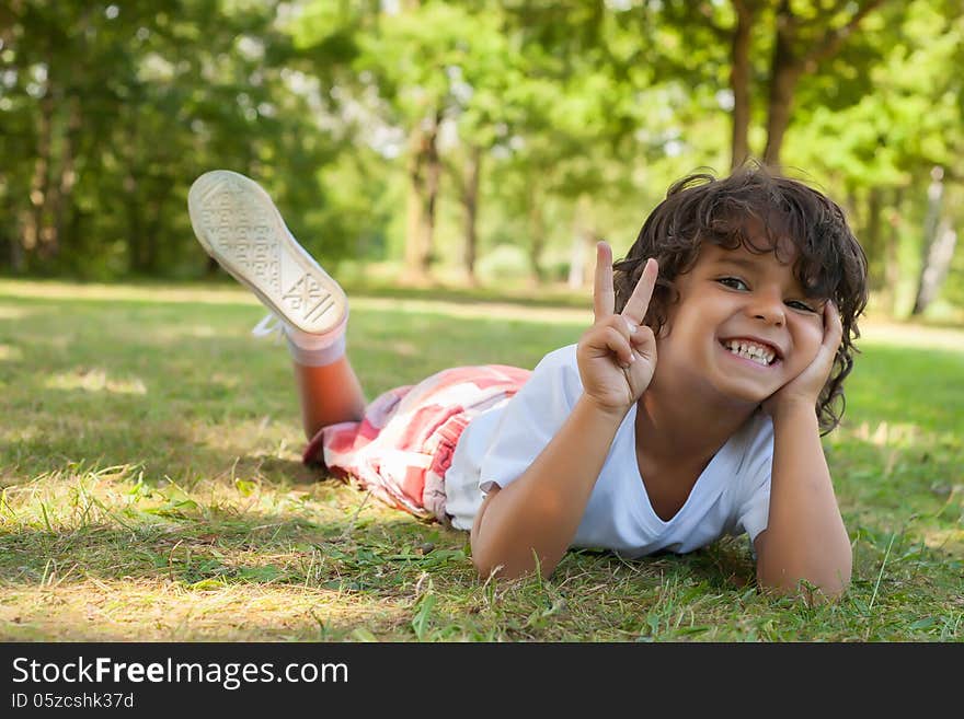 Caucasian boy with peace sign