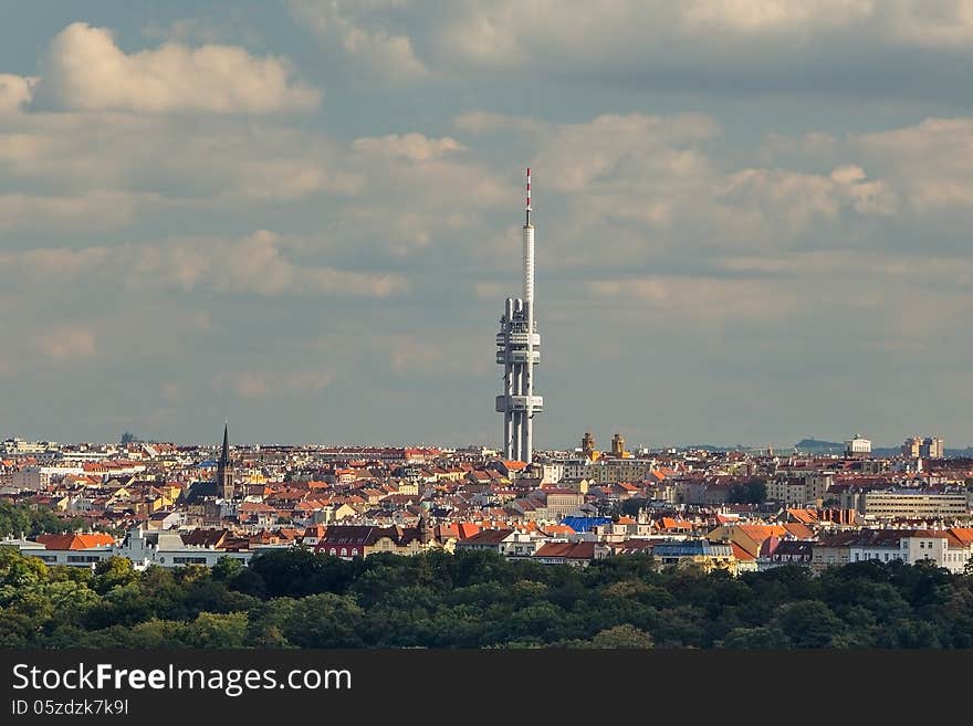 Panorama of Prague and TV tower with babiesr, so called cosmodrome, shot from the lookout tower at Prague Zoo at Troja.