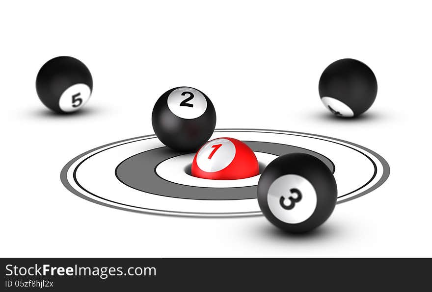 Leader concept, best positioning. One red ball with the number 1 inside a hole with other balls around it. Conceptual 3D render image. Leader concept, best positioning. One red ball with the number 1 inside a hole with other balls around it. Conceptual 3D render image