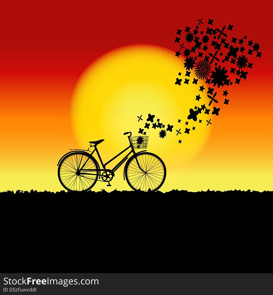 Natural Sunset Landscape With Bicycle Silhouette.