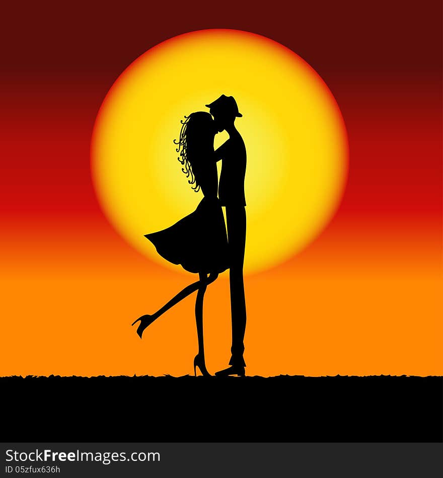 Natural sunset landscape with lovers silhouette. Vector