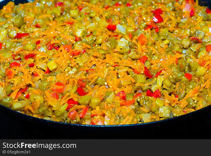 Photos of eggplant caviar in a pan close-up. Photos of eggplant caviar in a pan close-up