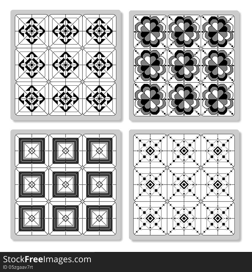 Set of 4 black and white rectangular tiles. Set of 4 black and white rectangular tiles