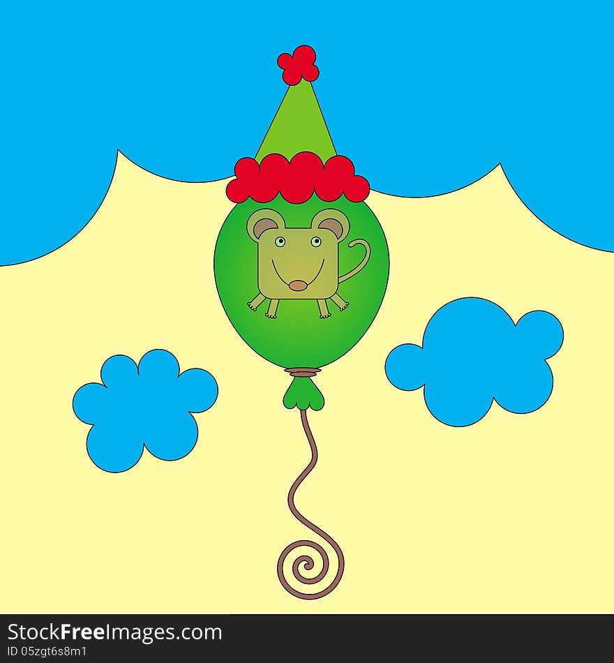 Illustration of a mouse inside a balloon with a Christmas hat. Illustration of a mouse inside a balloon with a Christmas hat