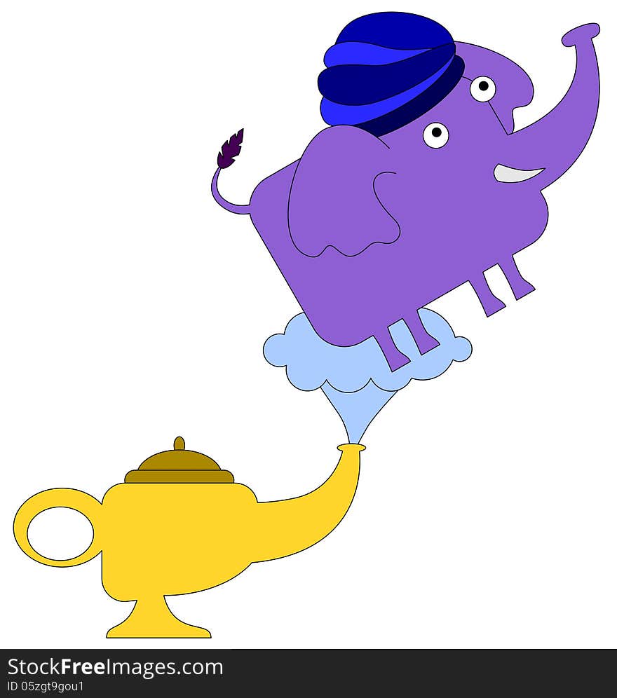 A genie elephant coming out from a lamp. A genie elephant coming out from a lamp