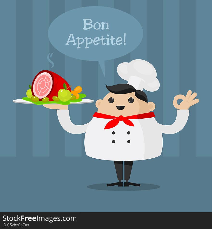 Illustration cheerful chef holding a platter, format EPS 8