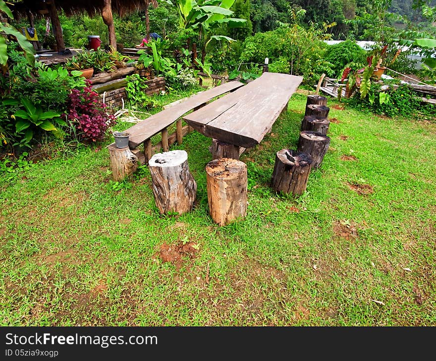 Wood table and seats for recreation. Wood table and seats for recreation.