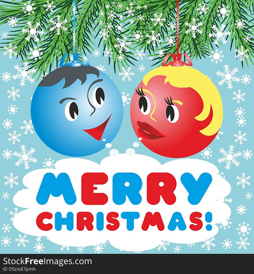 Christmas balls with a faces in the animated style: Merry Christmas!