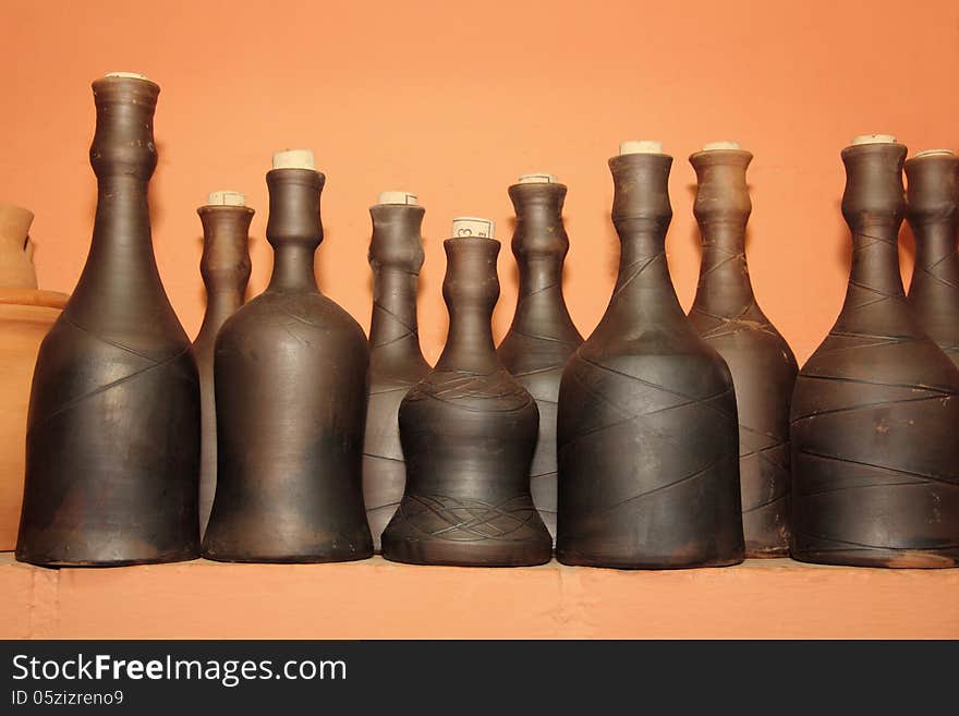 Many bottles made ​​of clay