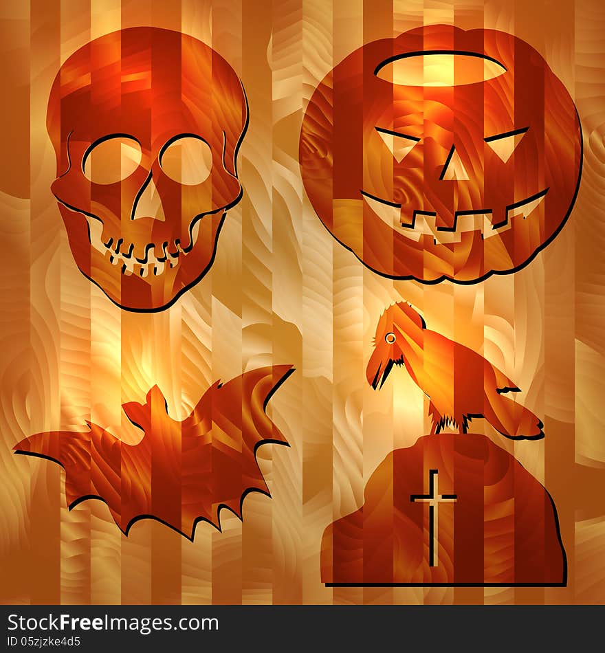 Set Of Vector Halloween Signes Carved on Wood Texture. Set Of Vector Halloween Signes Carved on Wood Texture