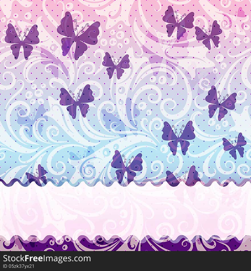 Gentle vintage frame with translucent violet butterflies and wave strip (vector EPS 10)