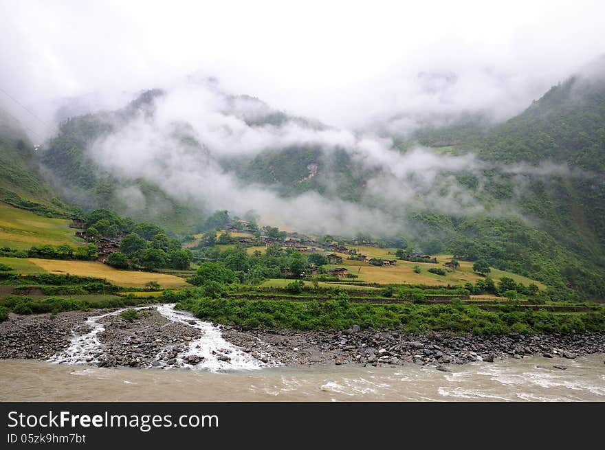 Rice fields and houses and River