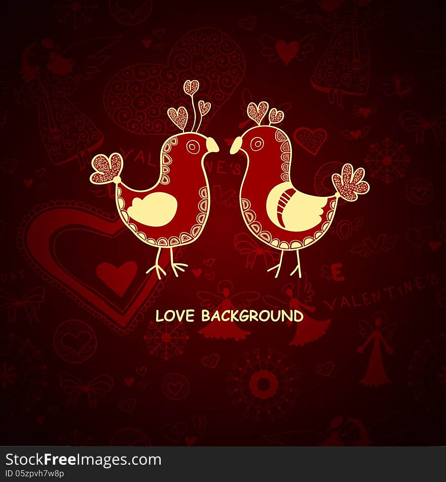 Love birds on dark red. Love birds on dark red