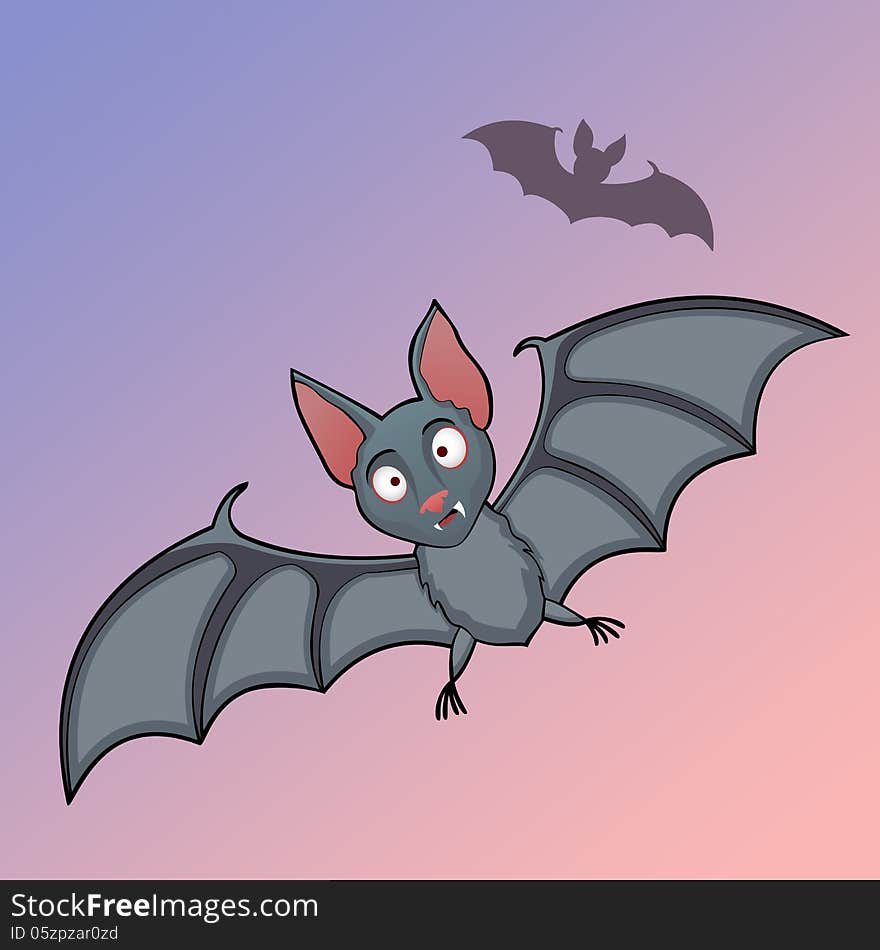 Bats cartoon in fly at background of the sunset sky