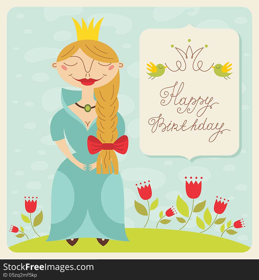 Cute birthday card with little princess. Vector illustration. Cute birthday card with little princess. Vector illustration