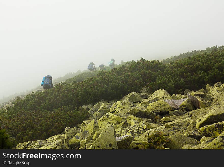 Tourist groups walking along the ridge in dense fog. Tourist groups walking along the ridge in dense fog.