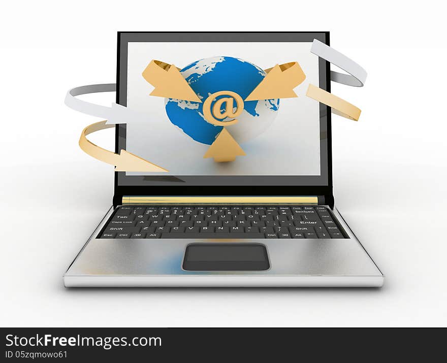 E-Mail Concept with Globe and Arrows on the screen of laptop. 3d render illustration