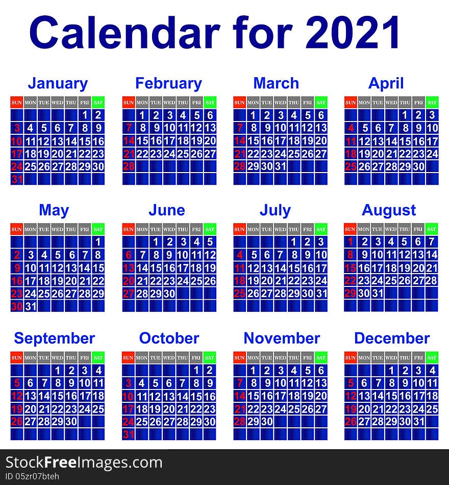 Calendar for 2021 year.