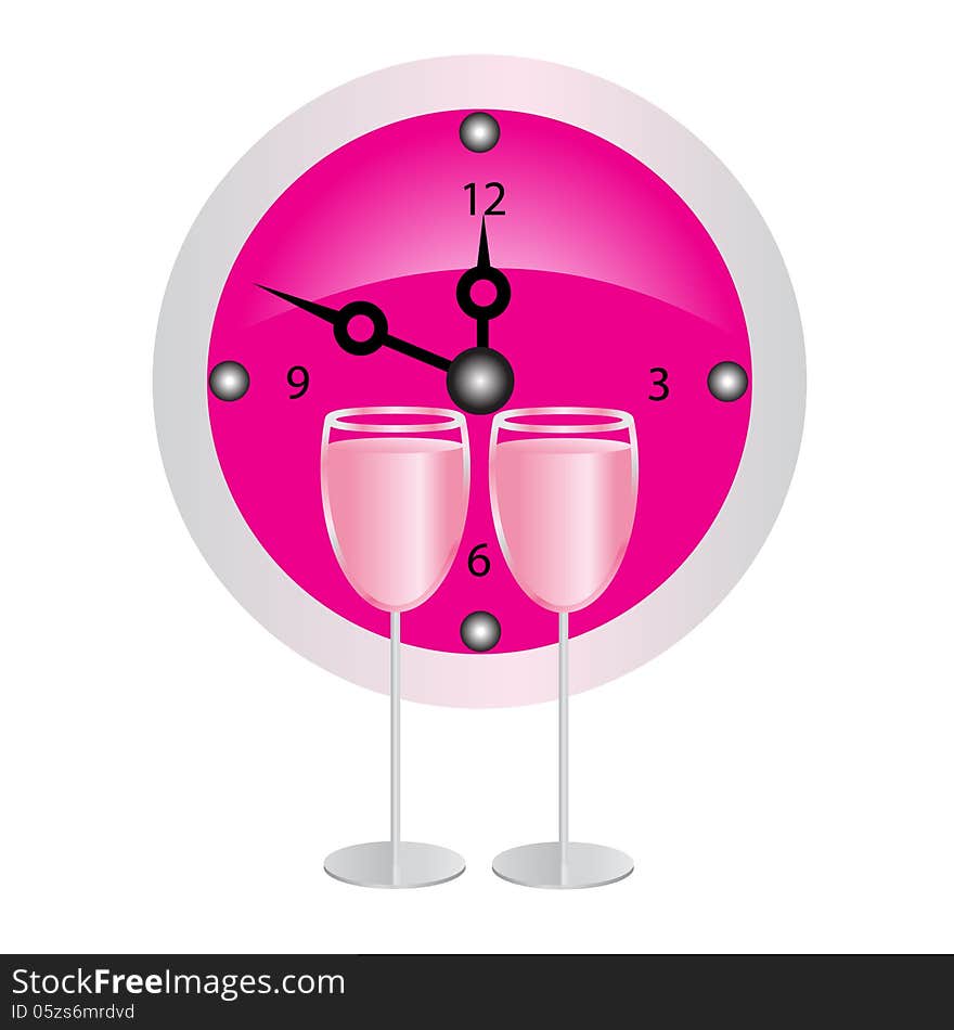 Clock and two glasses. Pink clock and two glasses of wine