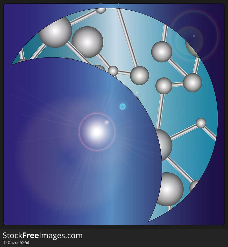 Von card with the moon filled a pattern in the form of molecules with metallic colors. Von card with the moon filled a pattern in the form of molecules with metallic colors