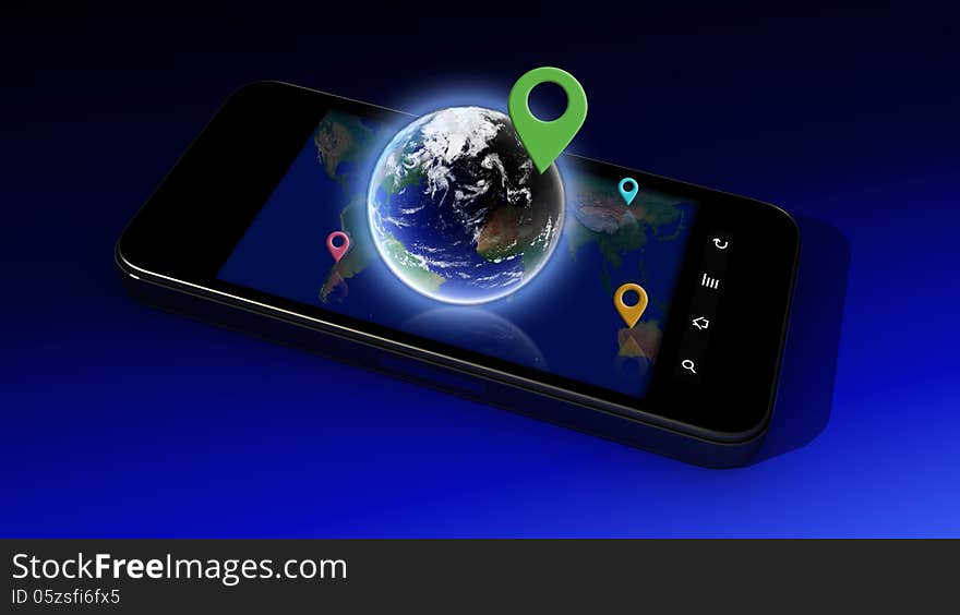 Earth on Smartphone with location pins.