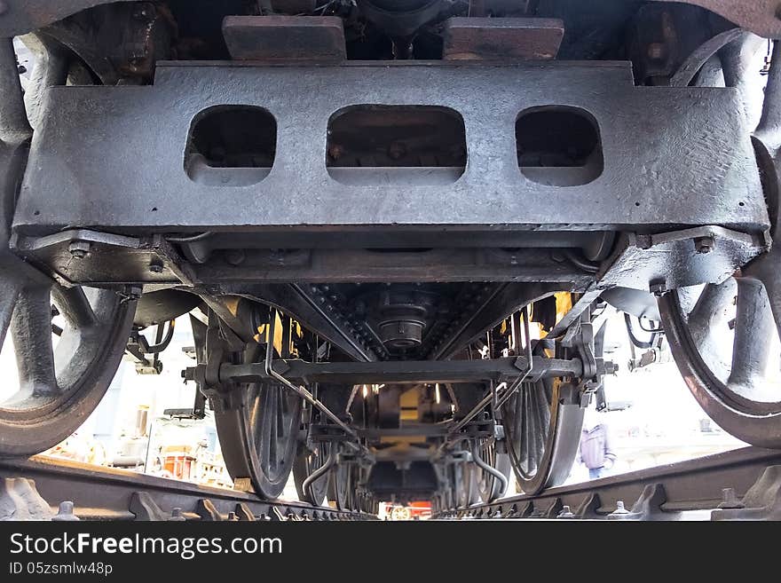 Antique locomotive, interesting view from underneath.