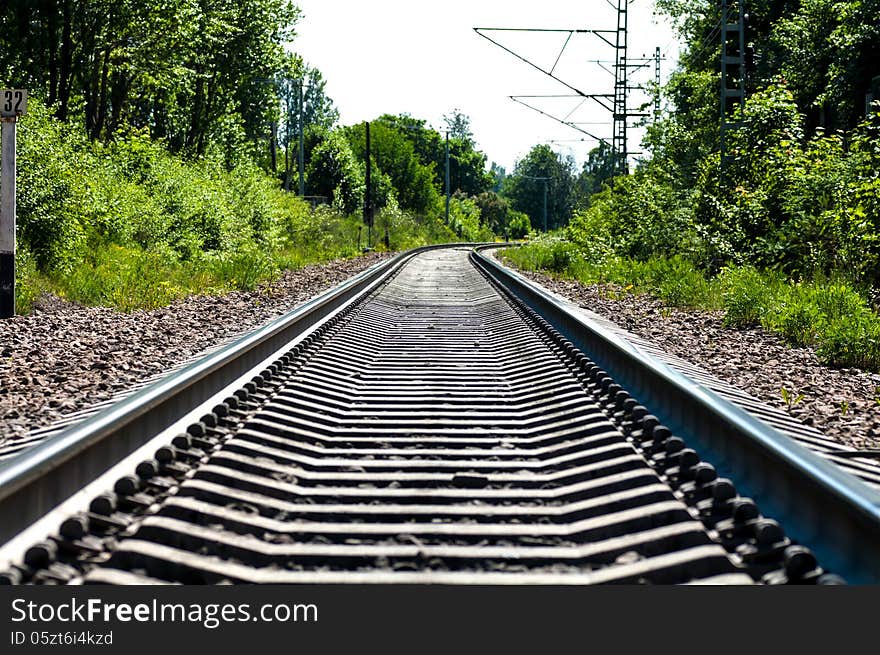 Railway bottom view among forest