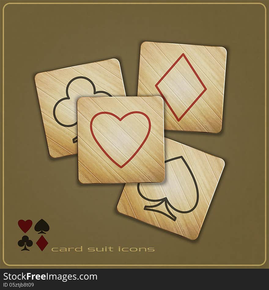 New set of wooden icons with cards suit symbols can use like gambling concept design. New set of wooden icons with cards suit symbols can use like gambling concept design