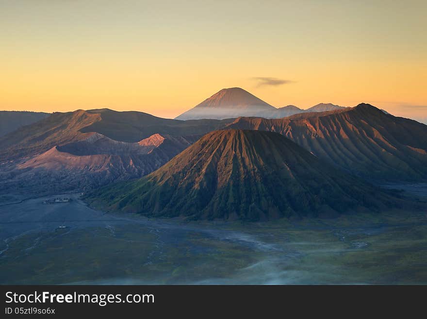 Bromo Volcano Mountain in Tengger Semeru National Park at sunrise, East Java, Indonesia