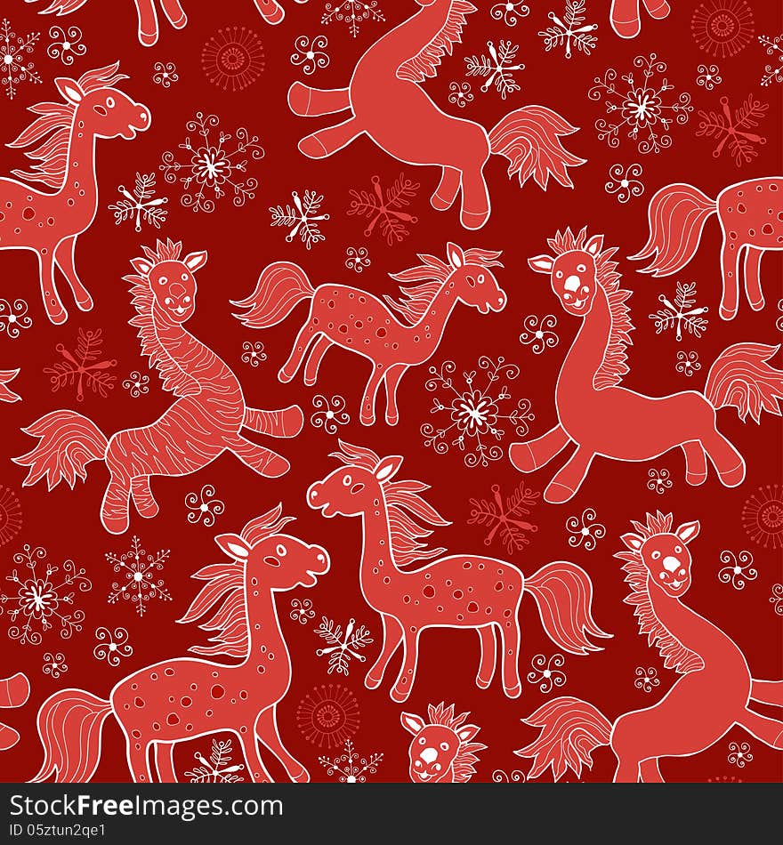 Seamless with Christmas red drawing horses