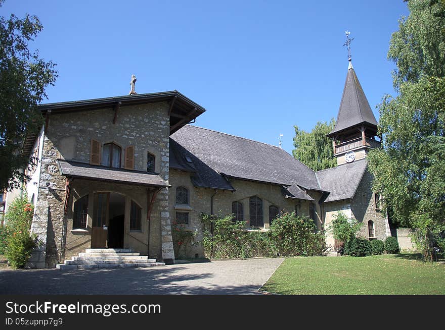 Small protestant church in swiss village, taken in Sept 2013