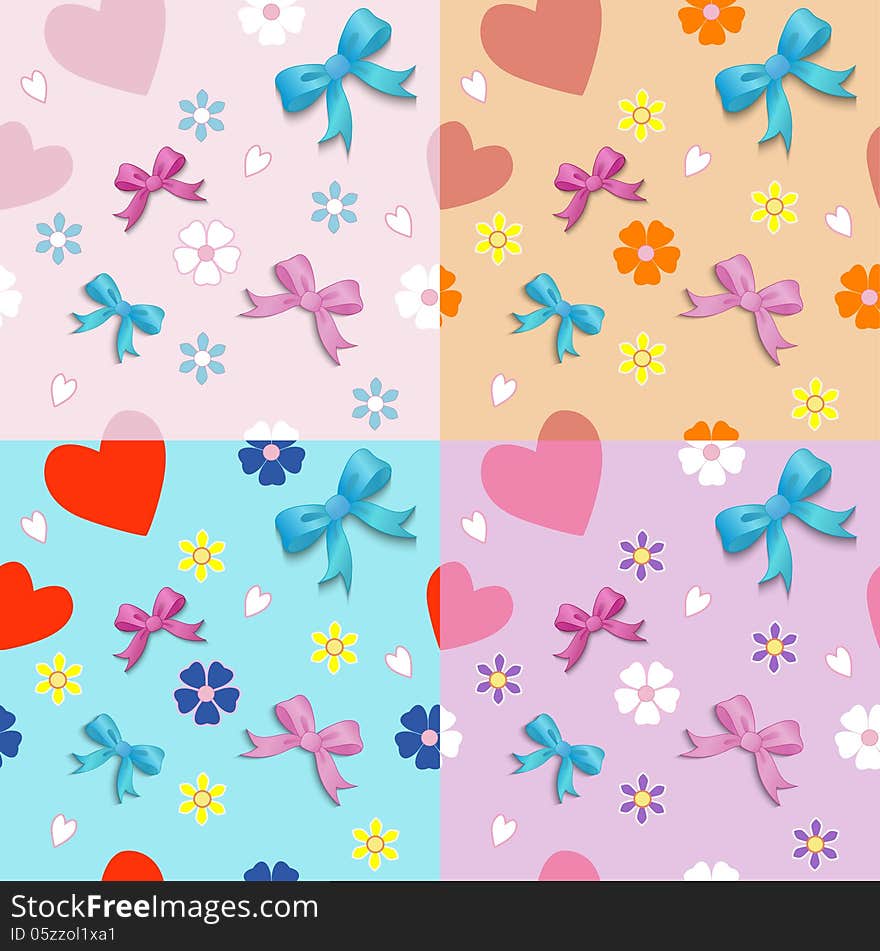 Seamless pattern of hearts bows and flowers. Seamless pattern of hearts bows and flowers