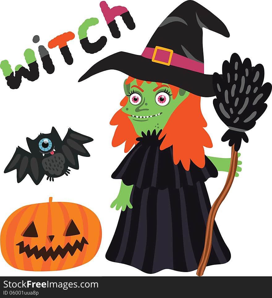 Halloween Witch Character With Pumpkin And Bat.