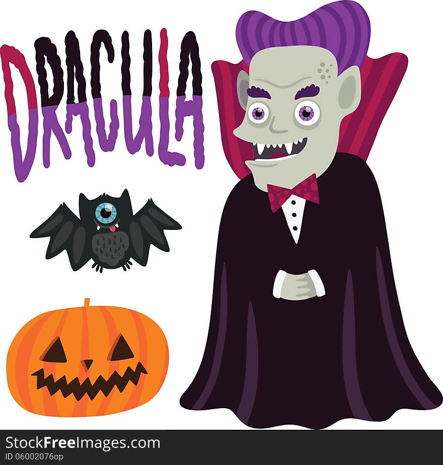 Halloween Dracula Character With Pumpkin And Bat.