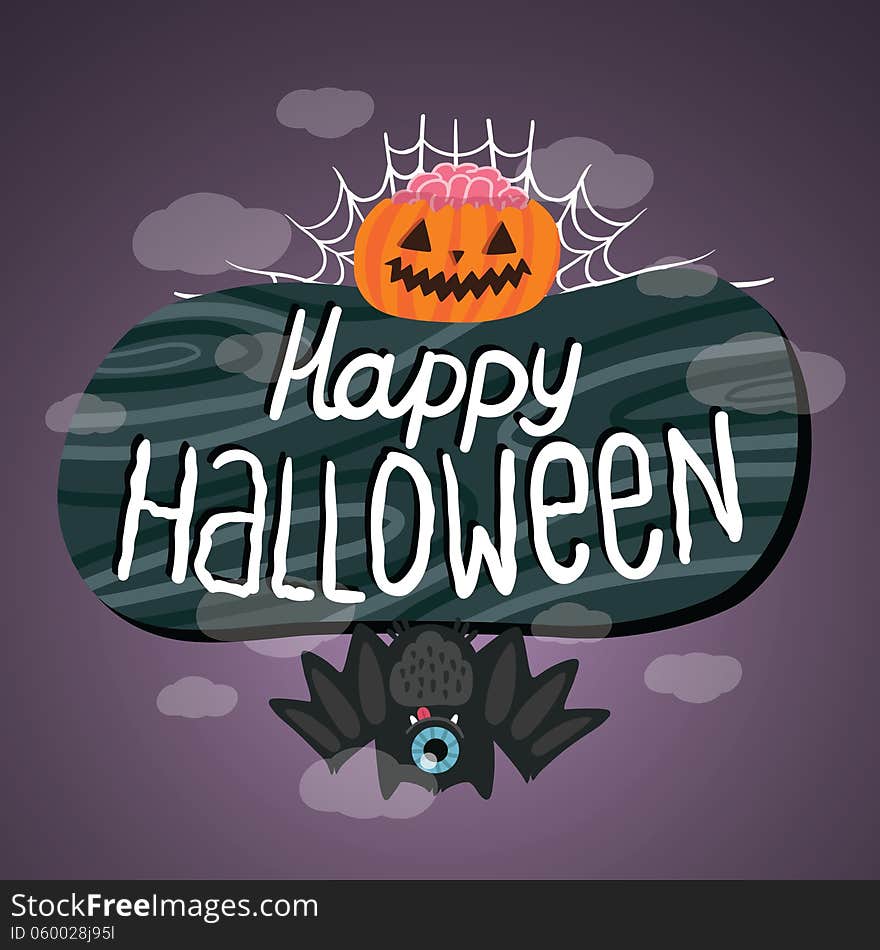 Happy Halloween sign with pumpkin, bat, web. Halloween background