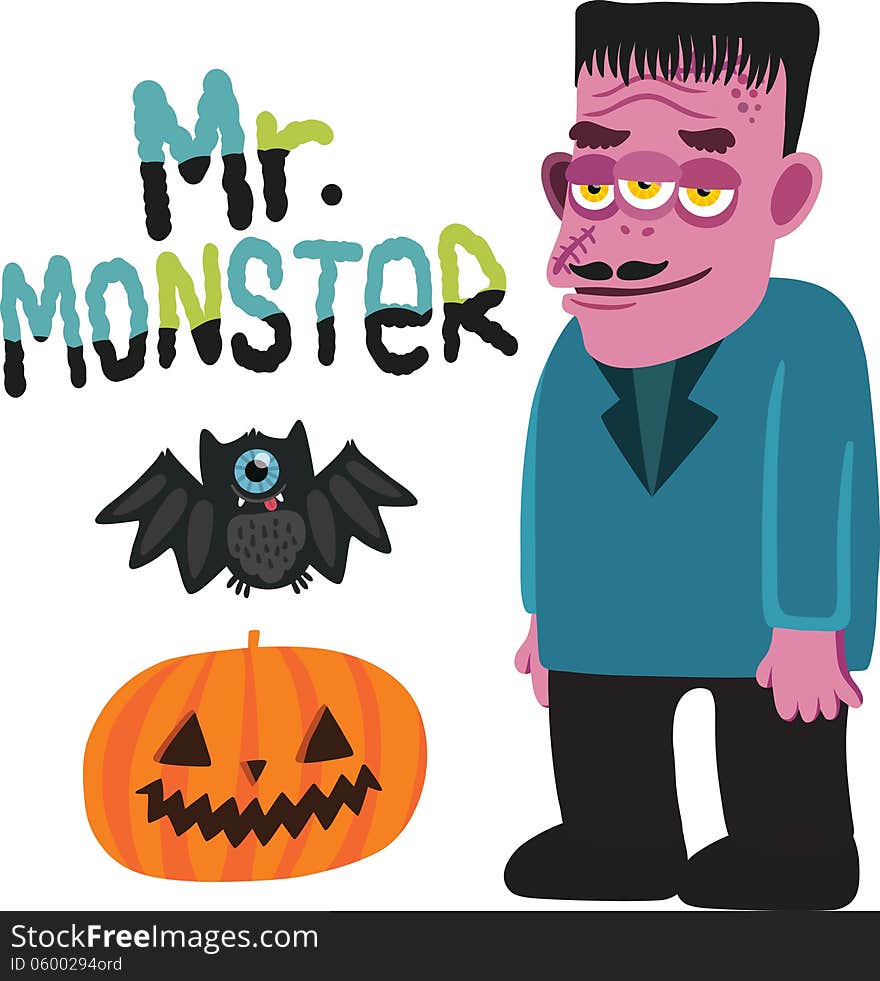 Halloween monster character with pumpkin and bat. This is file of EPS10 format.