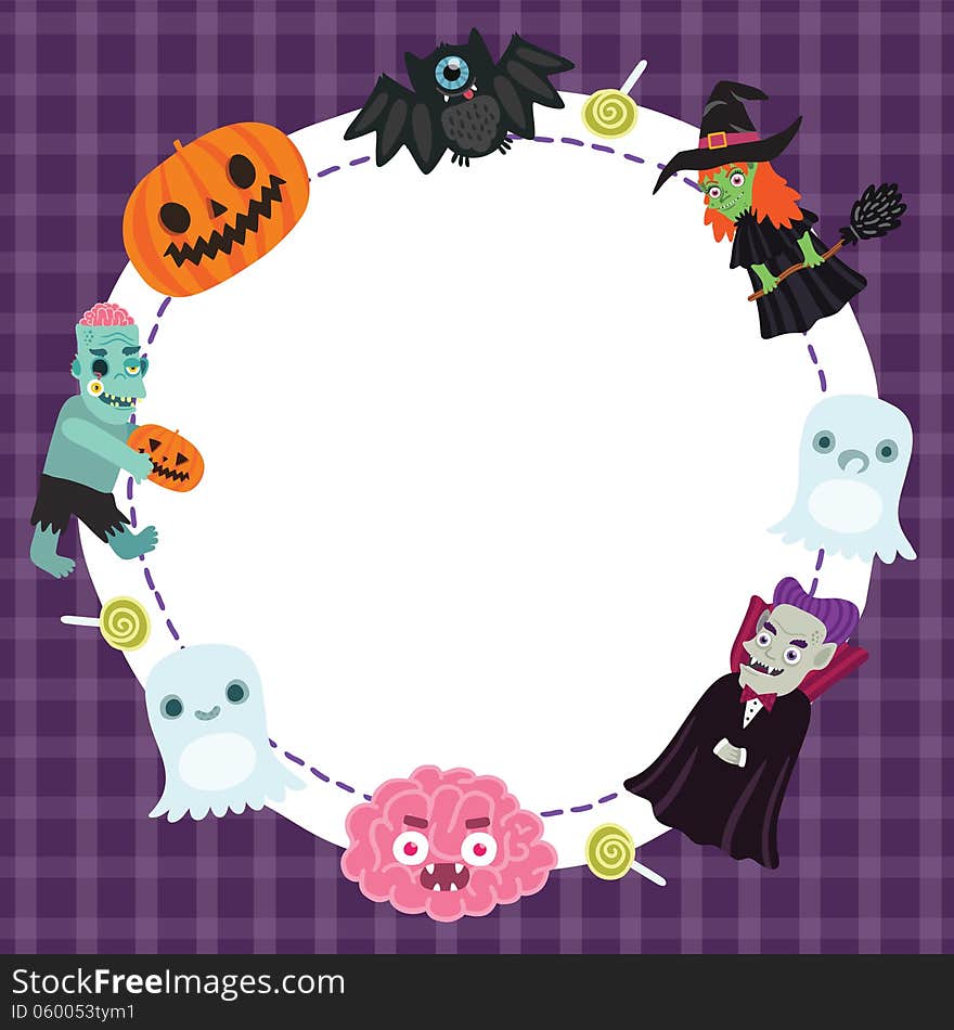 Happy Halloween frame for your design with bat, witch, ghost, dracula, brain, zombie, pumpkin