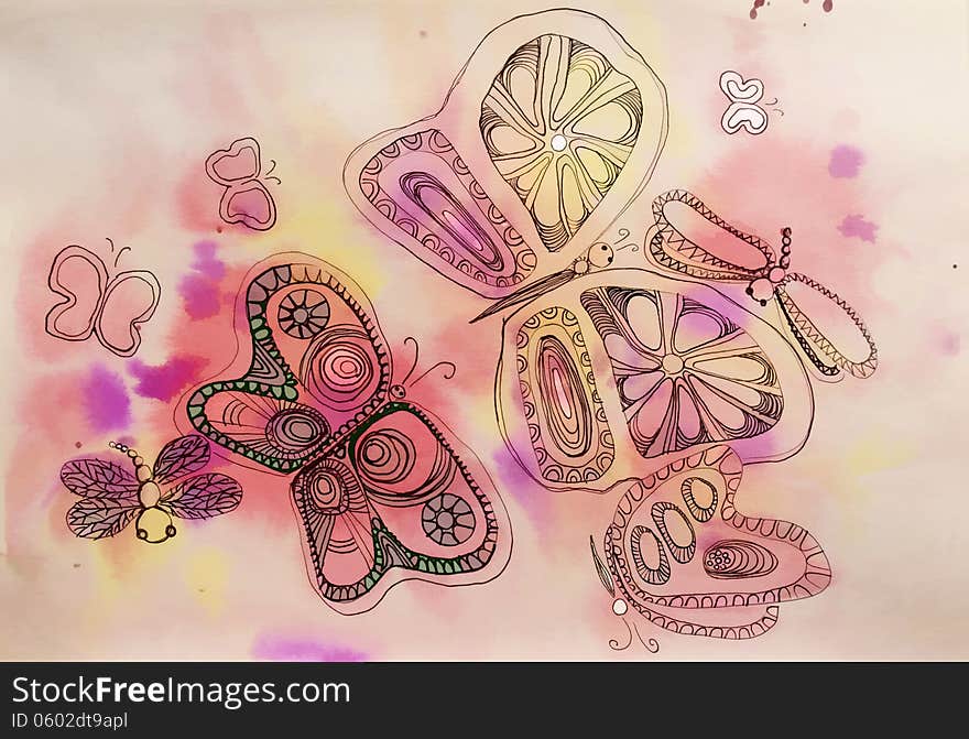 Butterfly on a colorful watercolor background vague. Butterfly on a colorful watercolor background vague