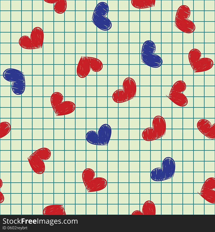 Seamless background with ink painted red and blue hearts on a sheet of notebook. Seamless background with ink painted red and blue hearts on a sheet of notebook.