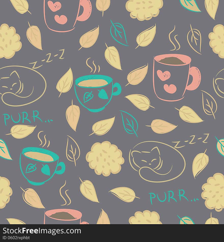 Seamless background with cups of tea, coffee, cocoa, cookies, sleeping cat, autumn leaves. Seamless background with cups of tea, coffee, cocoa, cookies, sleeping cat, autumn leaves.